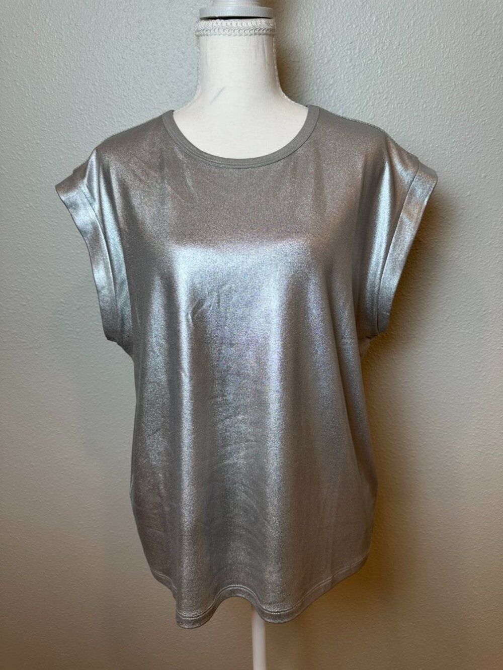 RM Rebecca Minkoff Silver Metallic Shimmer Cap Sleeve Tee Sz L Glam Indie Sleaze